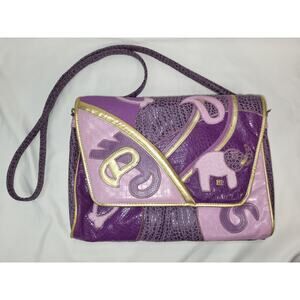 Vintage NAS Purple Elephant w Gold Trim Patchwork Crossbody Purse Leather